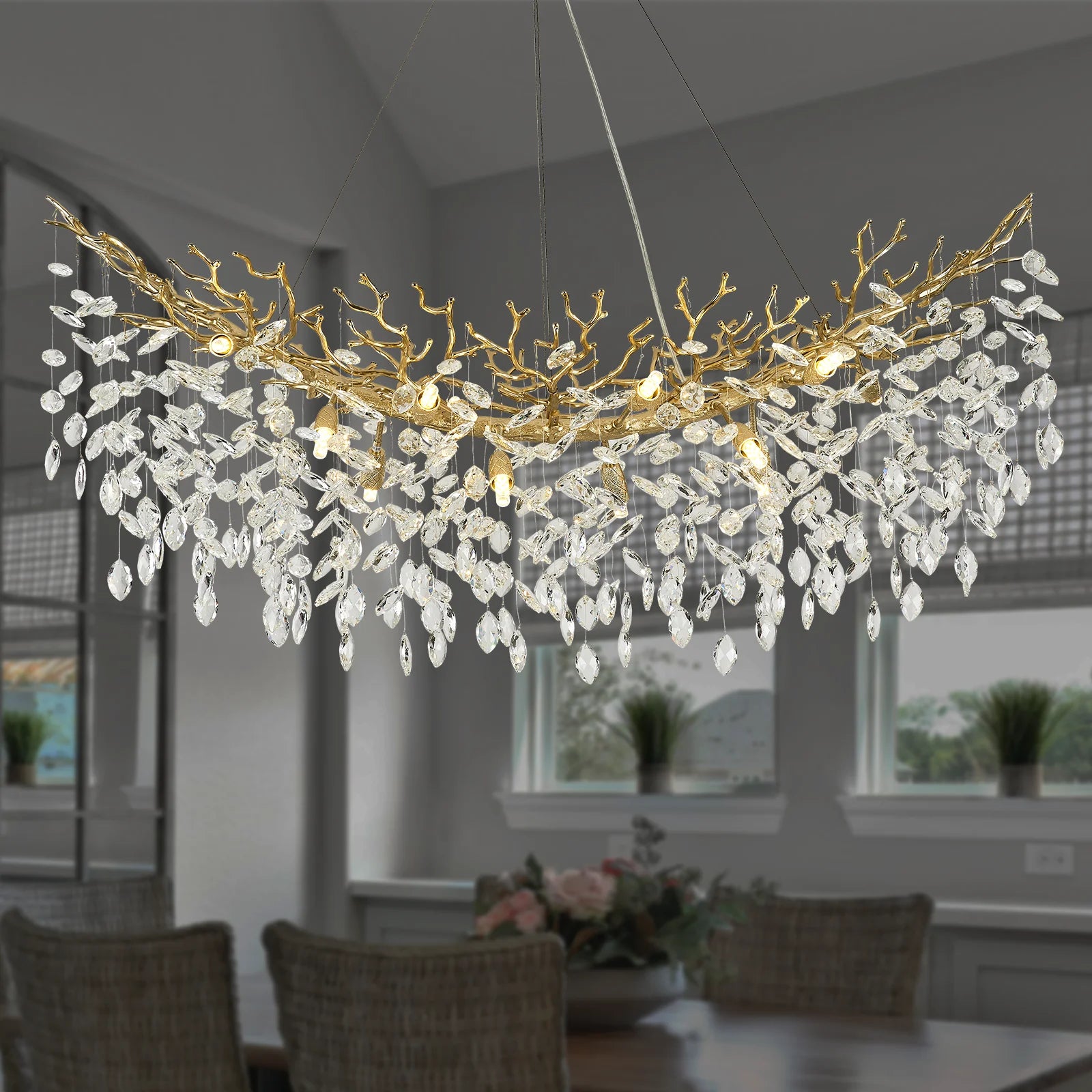 Modern Chandeliers for Dining Room Black Round Tree Branch Crystal Chandelier Adjustable Antique Vintage for Living Room Light