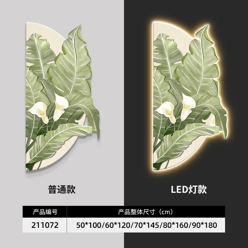 100*50CM Simplicity Flower Leaves Crystal Porcelain Modern Glass Wall Painting with Led  for Home Decor Living Room
