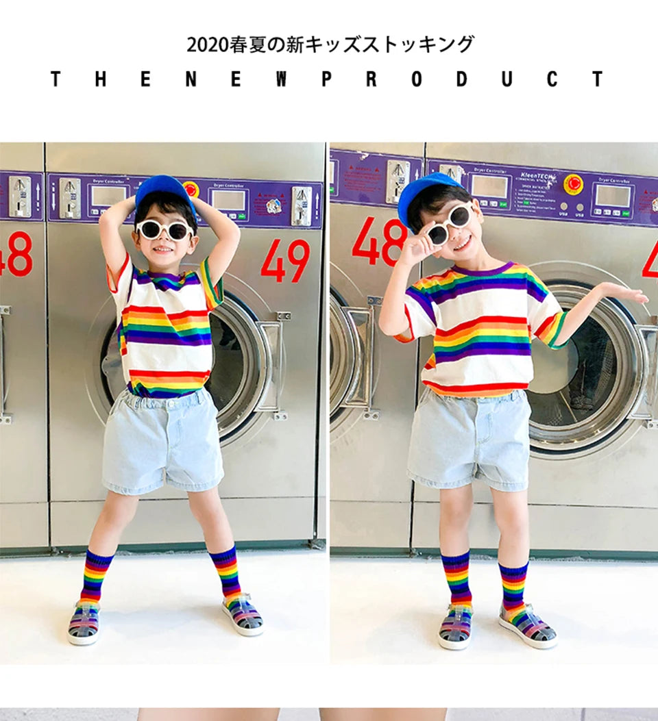 Kids Knee High Rainbow Socks Spring Summer Toddler Child Girls Boys Cotton White School Socks Stripe Long Sock Baby Accessories