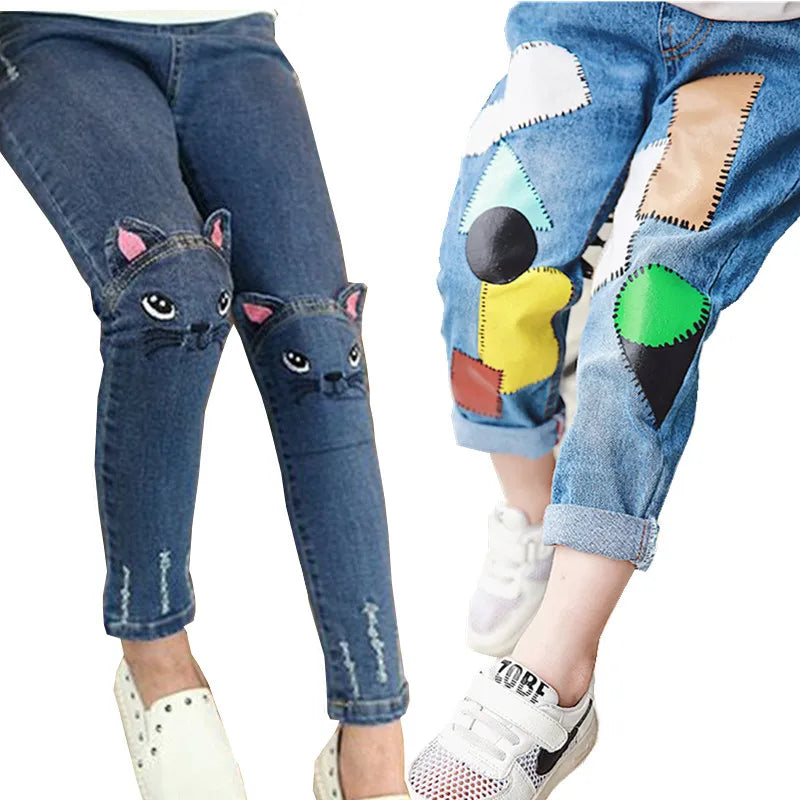 2026 Fashion Girl Jeans Cartoon Cat Jeans Print Blue Skinny Jeans Hole Pants Classic Chic Pants 3-11Y
