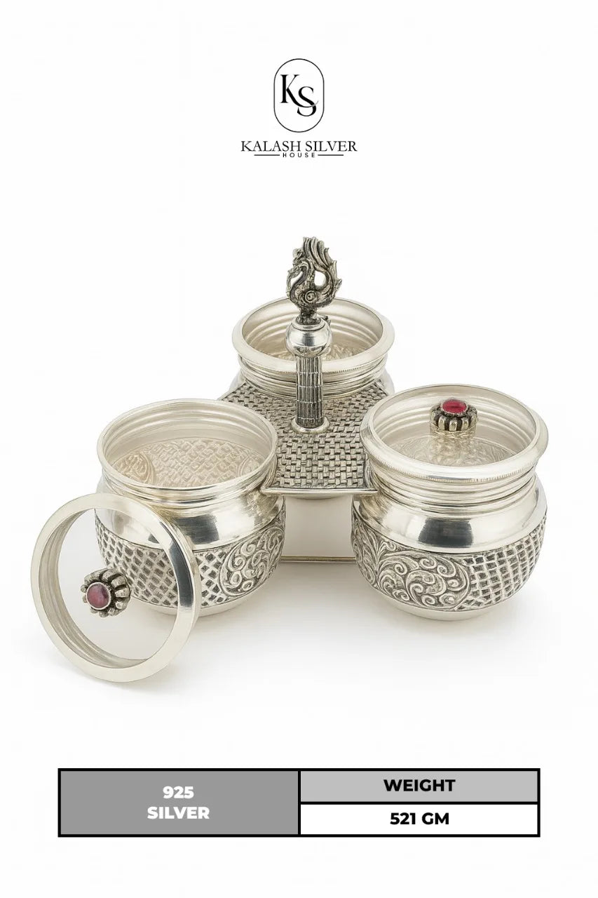 Elegant Silver 3 Bowl Cute Decorative Box Handcrafted Portable 301-400ml Gift for Luxury Home Decor & Spice