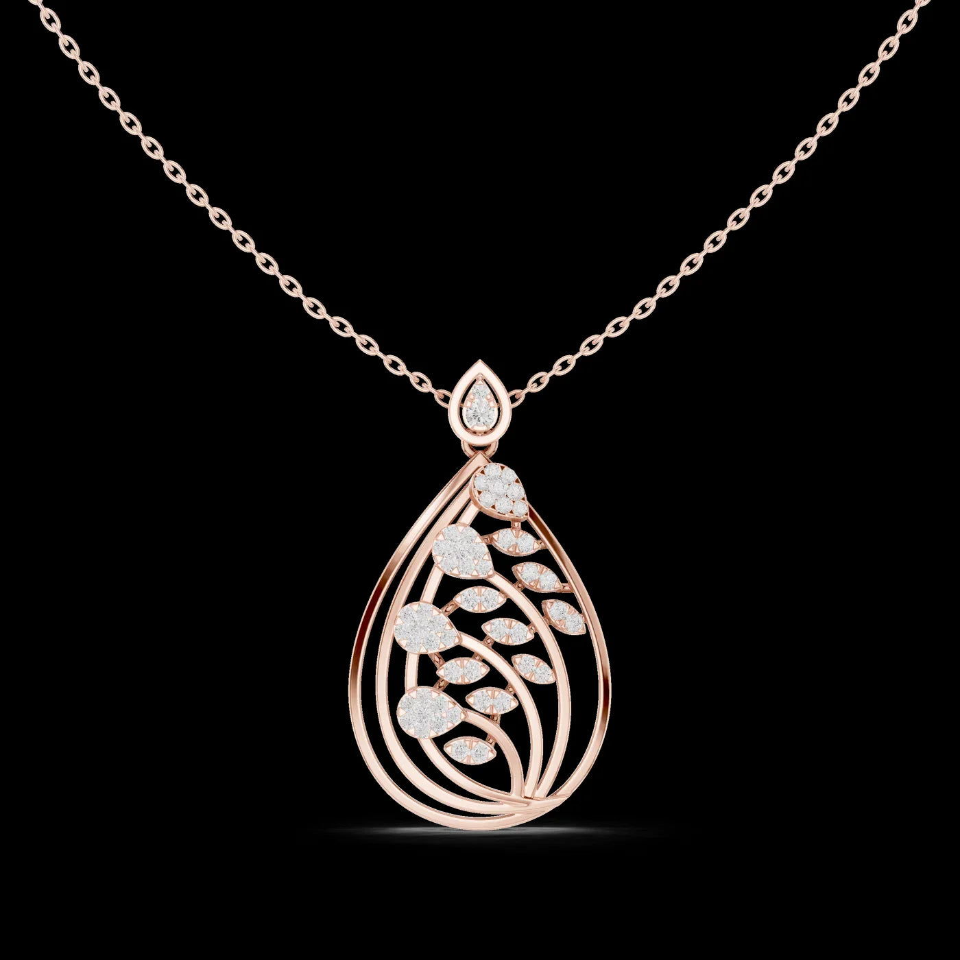 Leafy Teardrop Diamond Pendant Necklace with Link Chain Rose Gold Plated Luxury Women Engagement Wedding Party Jewelry
