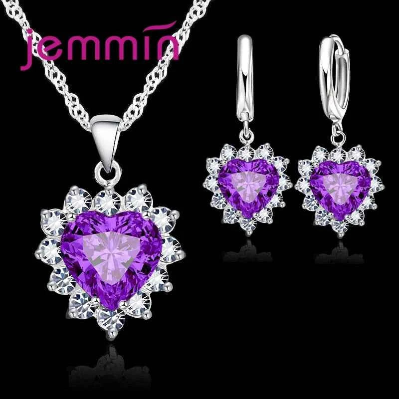 Top Sale Wding Engagement Anniversary Gift Jewelry Sets 925 Silver Color Stamped Heart Pendant Hoop Earrings for Women Girls