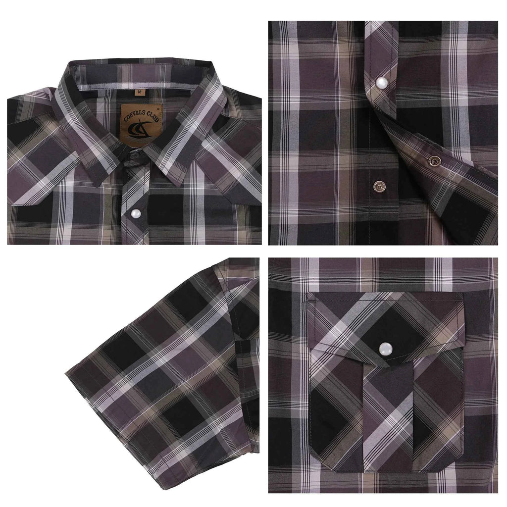 Men's Western Pearl Snap Button up Casual Cowboy Short Sleeve Two Pockets Work Plaid Shirts