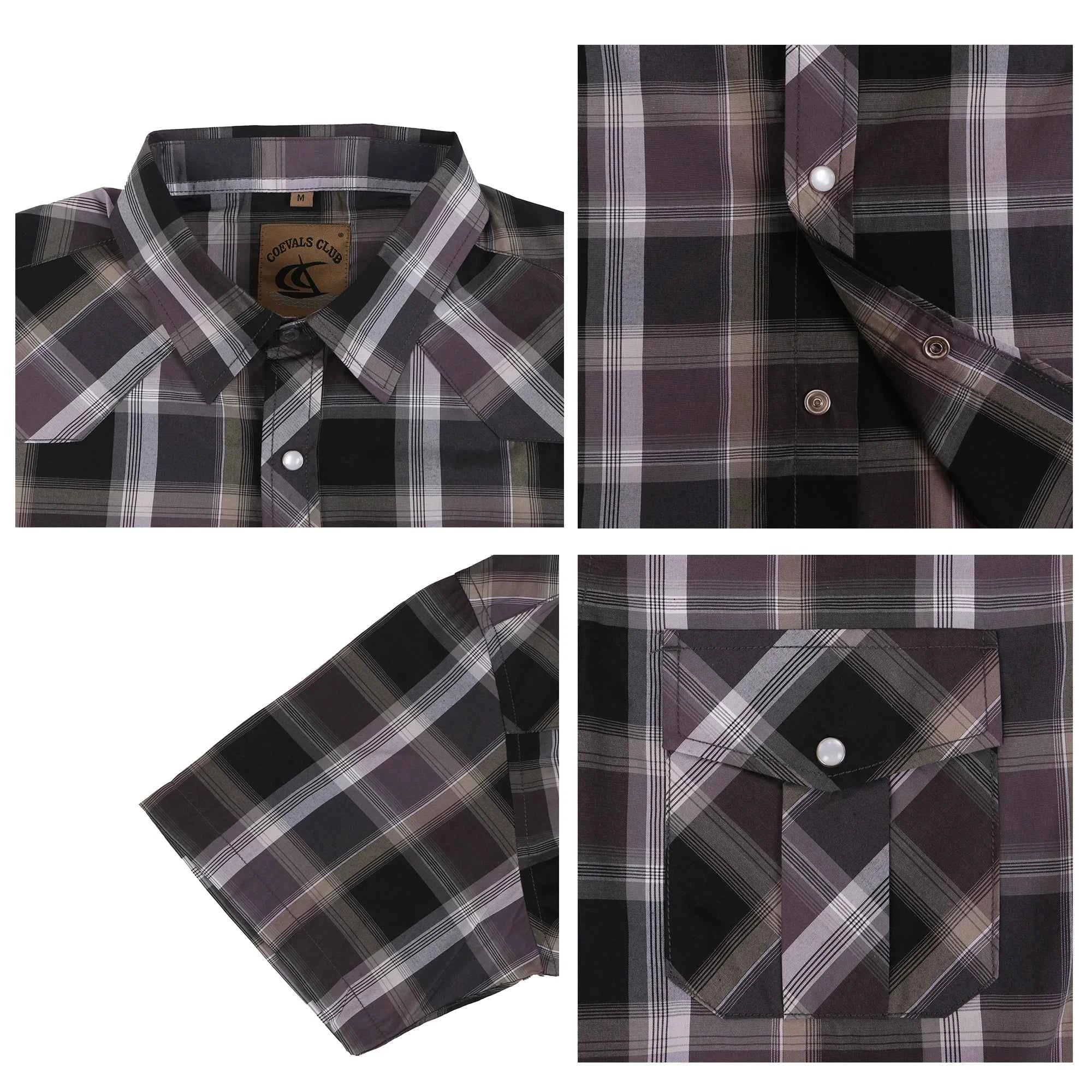 Men's Western Pearl Snap Button up Casual Cowboy Short Sleeve Two Pockets Work Plaid Shirts