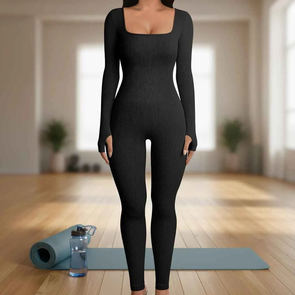 Elevate Women Spandex/Polyester Ribbed Long Sleeve Yoga Jumpsuit Full Length Square Neck Workout Solid Color