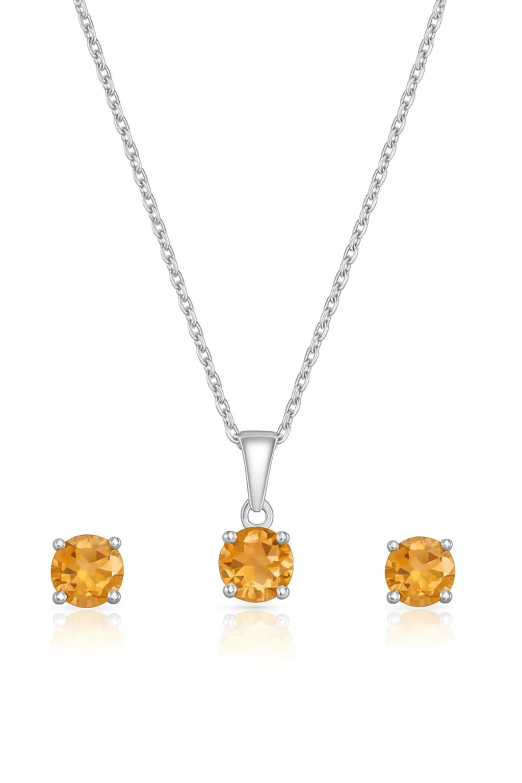 High Quality Gold Plated Sterling Silver Yellow Citrine Round-Cut Claw Setting Necklace Earring Set Trendy Anniversary Wedding