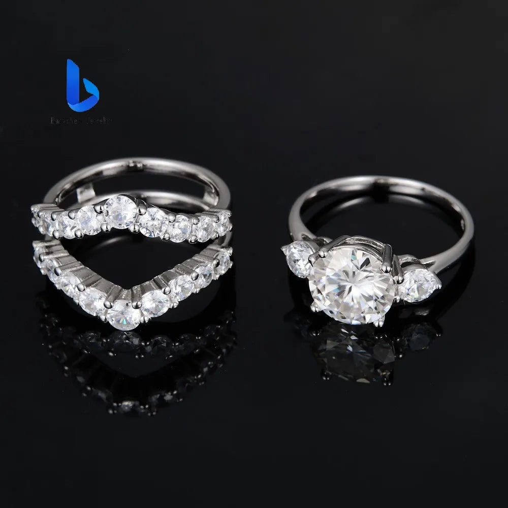 Luxury S925 Sterling Silver Round Brilliant Cut Moissanite Wedding Engagement Ring Set