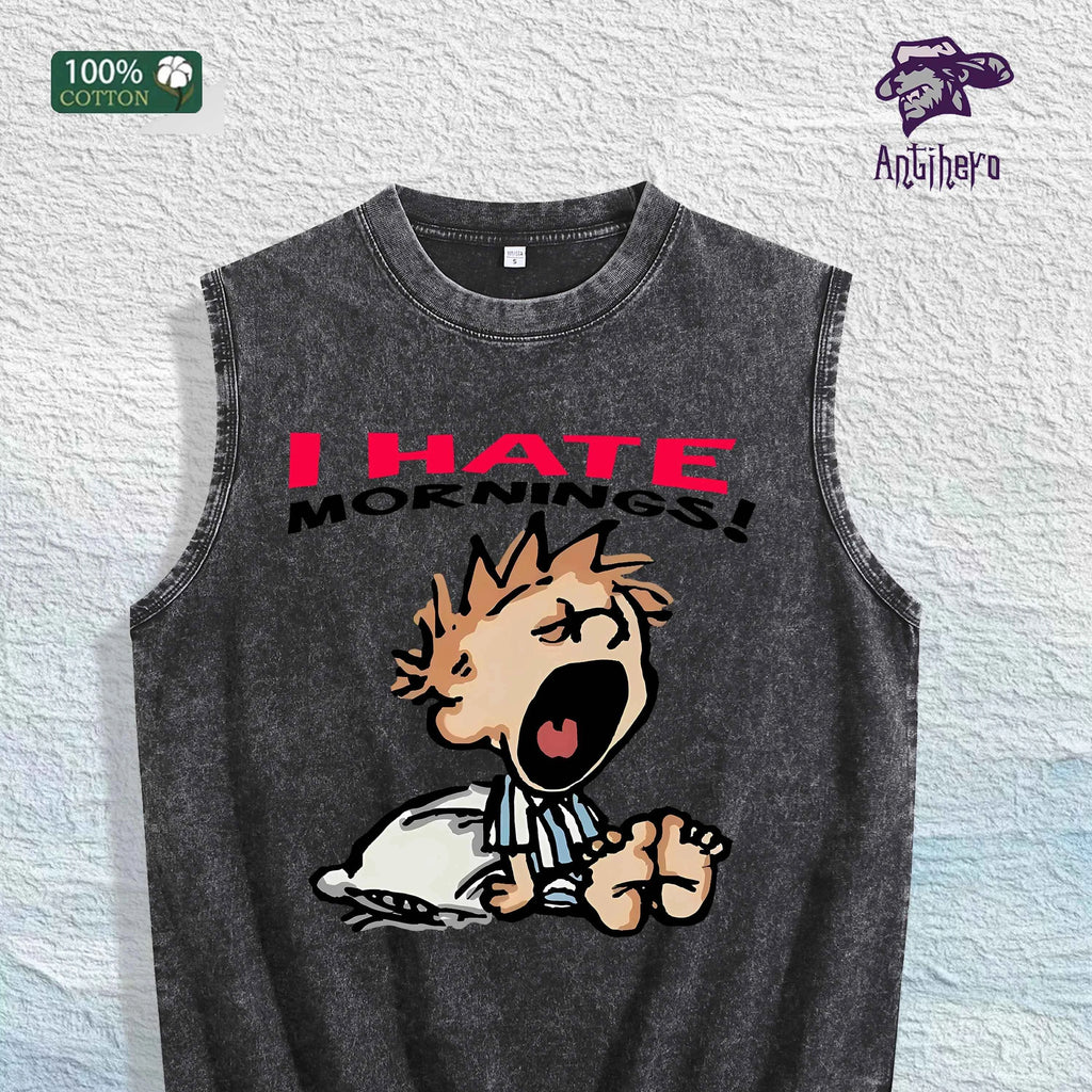 I Hate Mornings Cartoon Graphic Washed Vest US Warehouse 3 Colors Cotton Tank