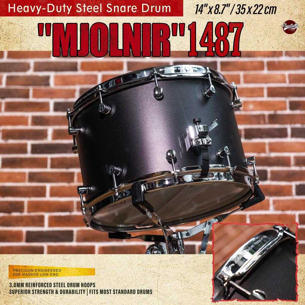 Beatello | Factory Direct | 14"x8.7" Heavy Steel Snare 3.0mm Reinforced Hoops | Rock/Metal Drum Kits | Pro Upgrade | Black