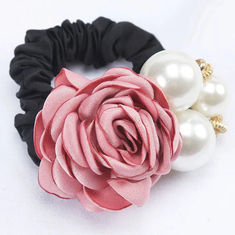 Fashion Women Rose Elastic Scrunchies Hair Bands Big Flower Rhinestones Pearls Flower Hair Rope Rubber Ponytail Hair Accessories