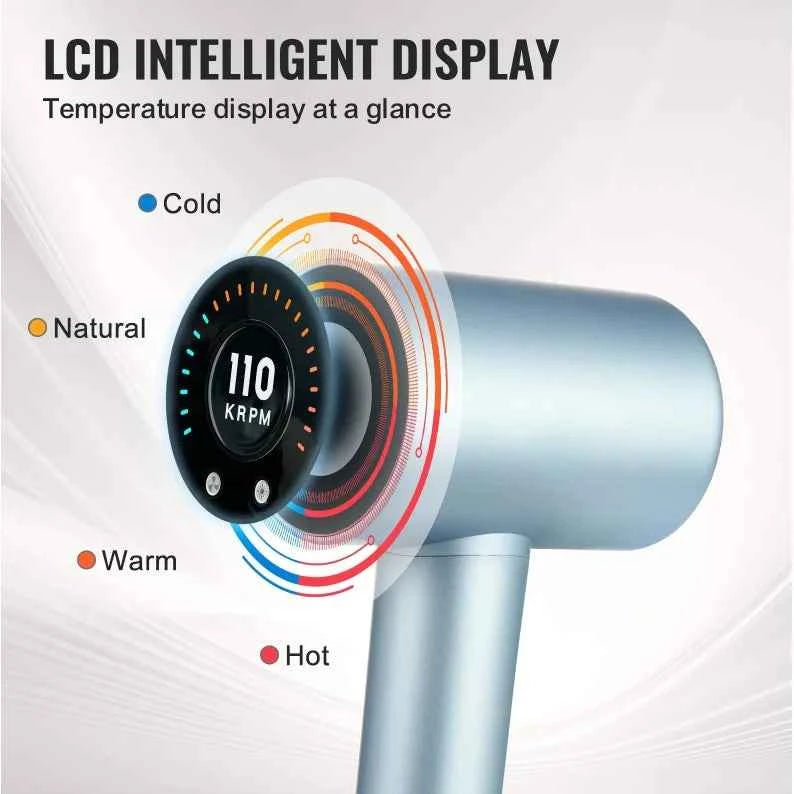 High-Speed 105,000RPM Brushless Motor Hair Dryer 200 Million Negative Ions 4 Temps 3 Speeds LCD Display Thermo-Control Diffuser