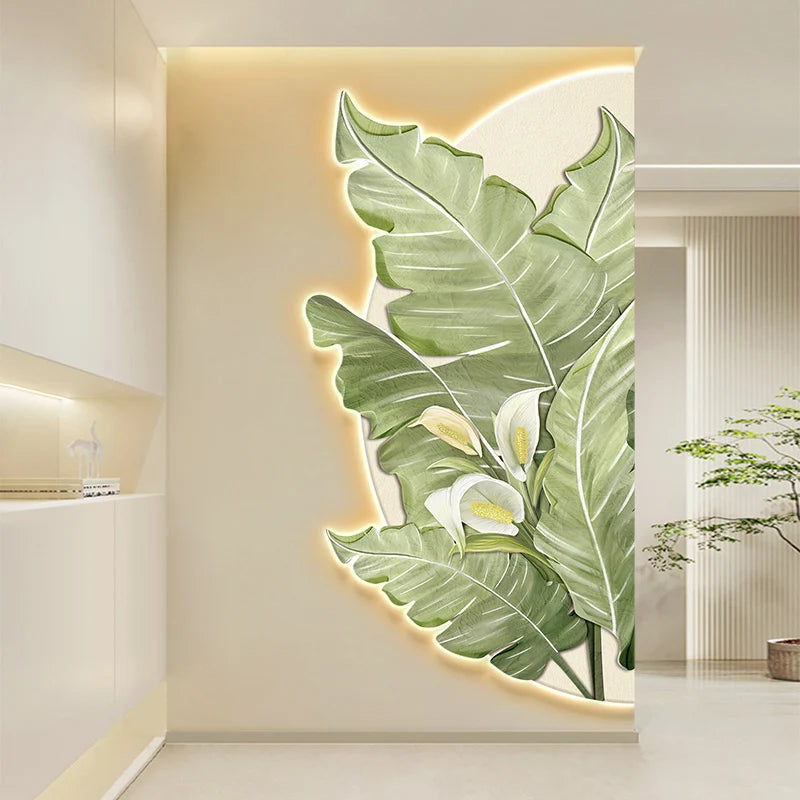 100*50CM Simplicity Flower Leaves Crystal Porcelain Modern Glass Wall Painting with Led  for Home Decor Living Room