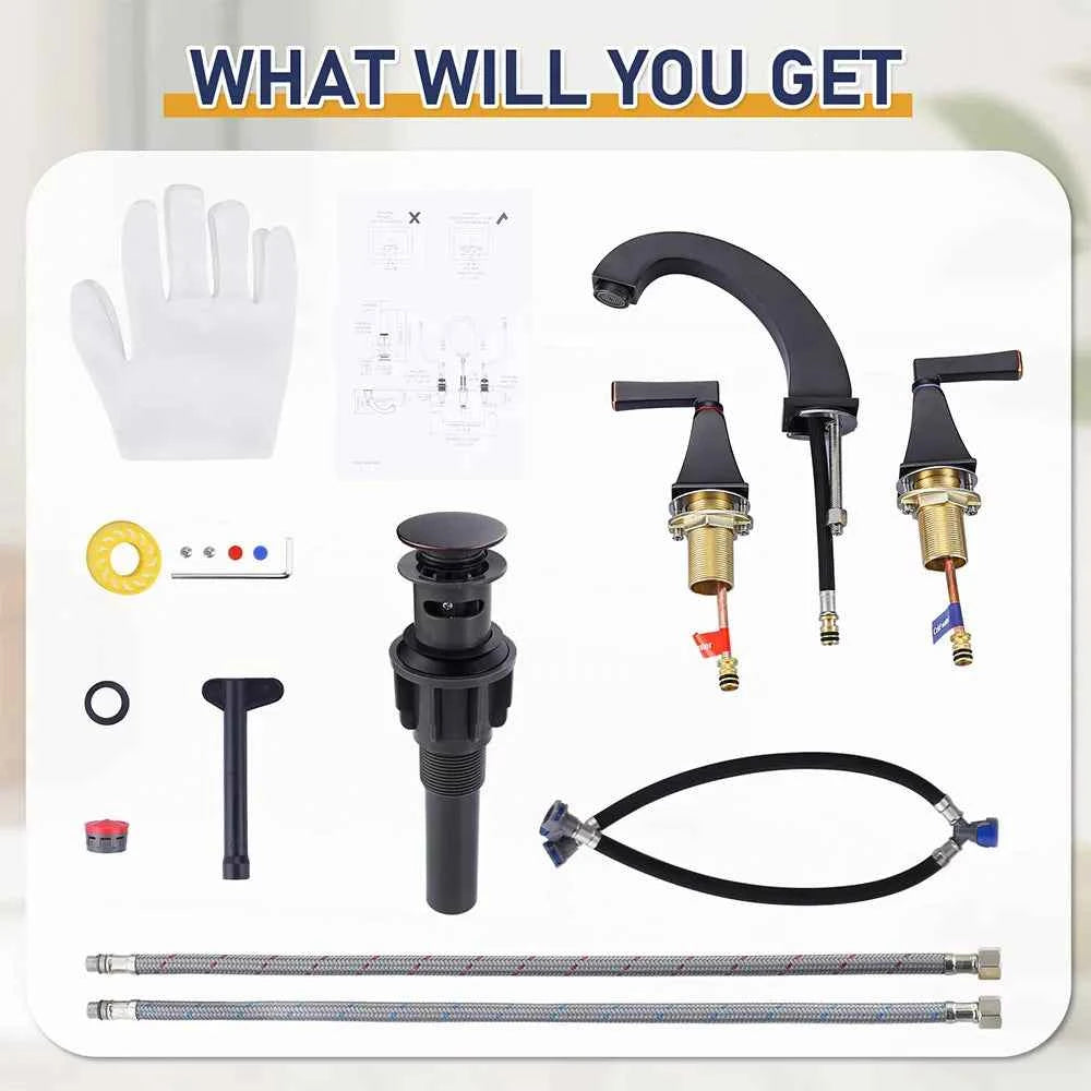 Oil Rubbed Bronze Bathroom Faucet 3 Hole,Antique Vanity Tap, 8" Widespread Bathroom Sink Faucet with Drain&CUPC Supply Hoses