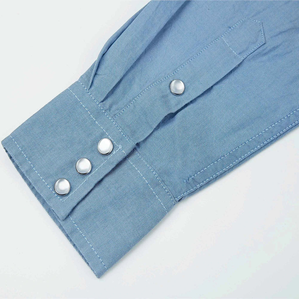 Mens Denim Western Cowboy Causal Pearl Snap Button up Long Sleeve Regular Fit Shirts