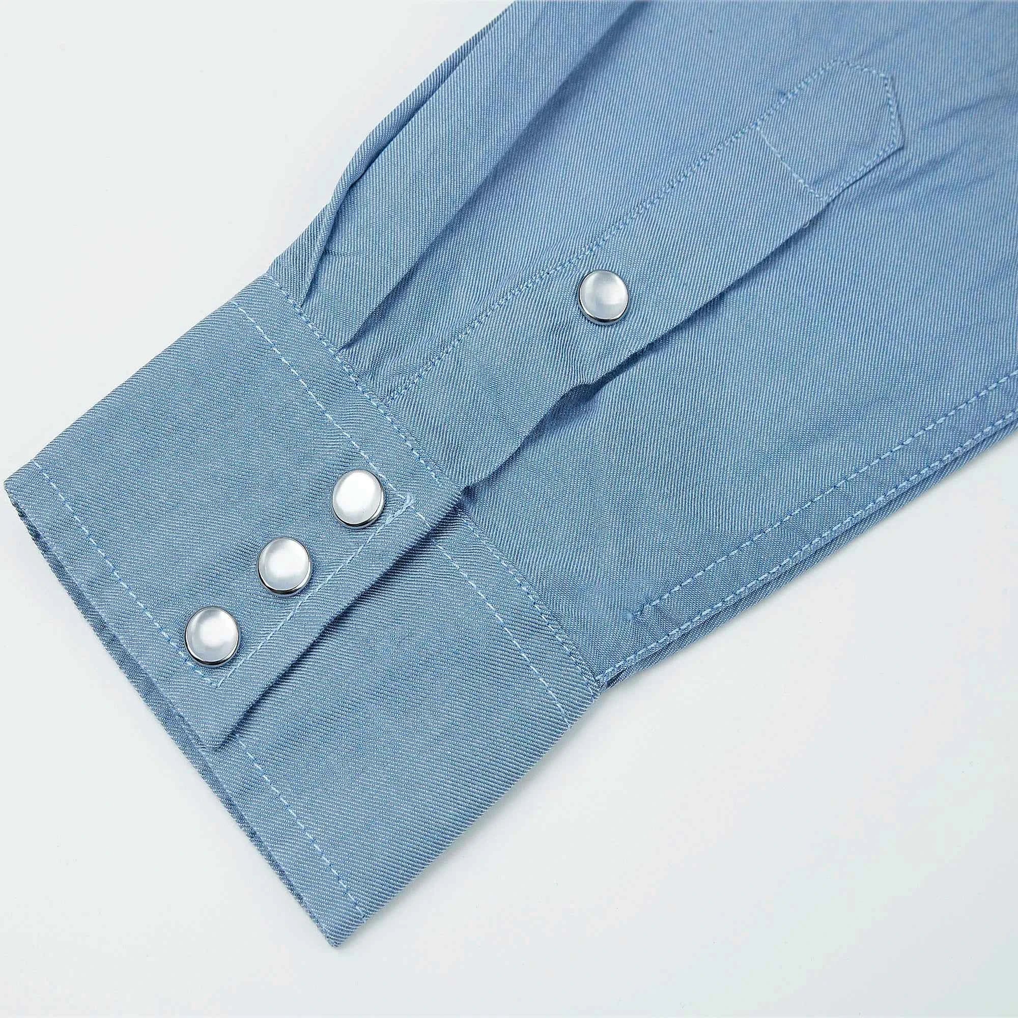 Mens Denim Western Cowboy Causal Pearl Snap Button up Long Sleeve Regular Fit Shirts
