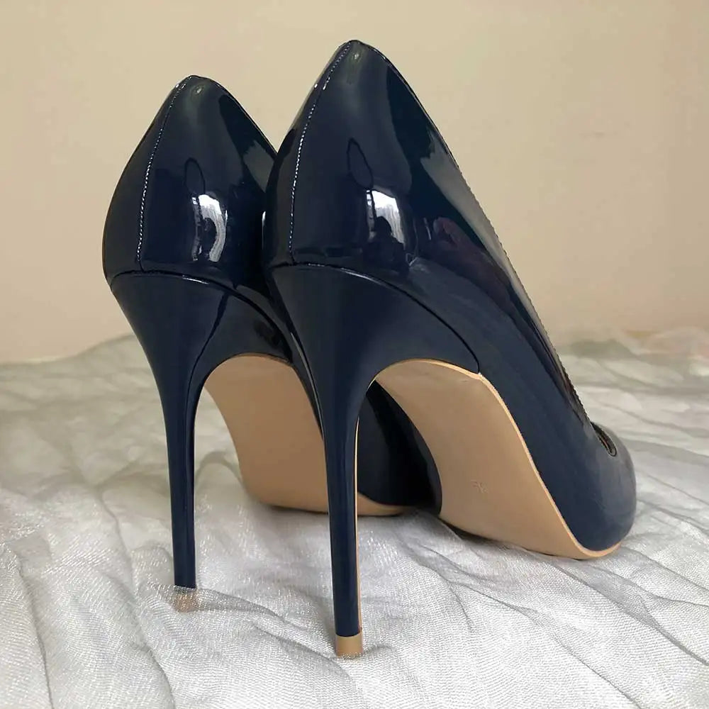 Tikicup Women Navy Blue Patent Pumps Low Cut Pointy Toe Stilettos Elegant Ladies Formal Slip On High Heels Fashion Dress Shoes