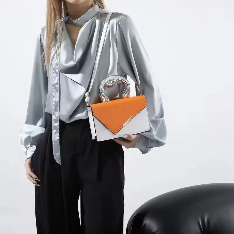2025 Women's Casual Simple Metal Messenger Bag with Niche Handle Designer Contrasting Color Handbag
