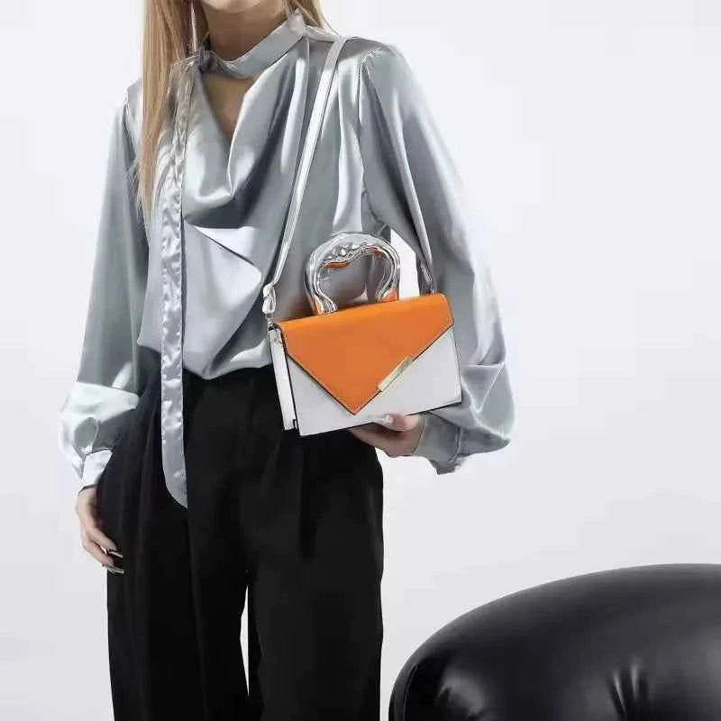 2025 Women's Casual Simple Metal Messenger Bag with Niche Handle Designer Contrasting Color Handbag