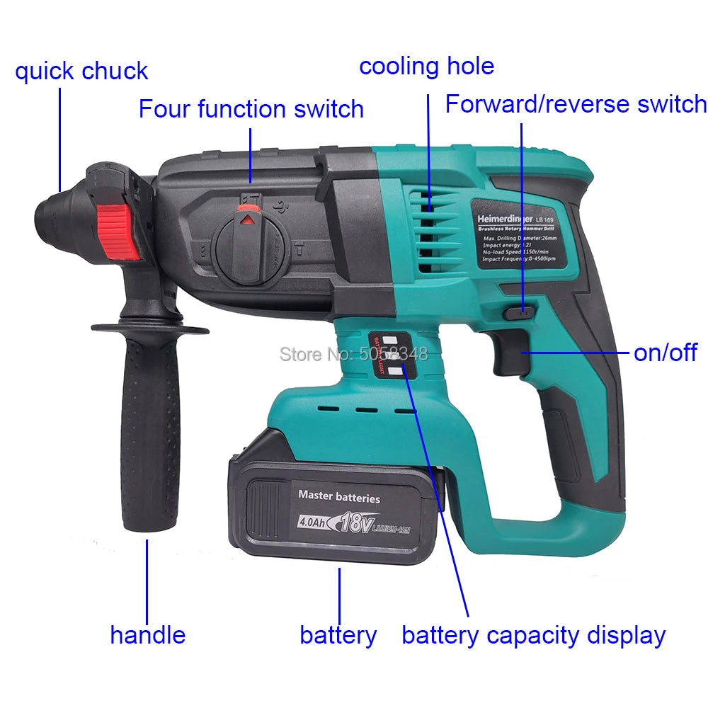 18V rechargeable brushless cordless rotary hammer drill electric Hammer impact drill without battery&case