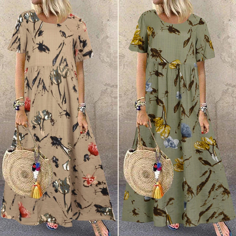 ZANZEA Summer Maxi Dress Women's Vintage Printed Sundress Casual Loose Short Sleeve Vestidos Vacation High Waist Robe Femme 2024