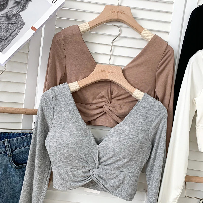 t shirt woman crop tops long sleeve kawaii T shirts built in bra women sexy top harajuku korean fashion