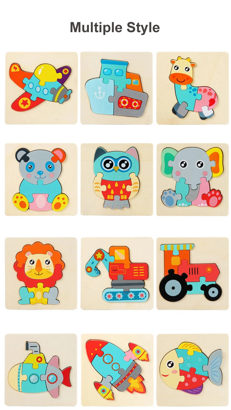 Montessori Toys 3D Puzzle Cartoon Animals Vehicle Cognitive Jigsaw Puzzle Wooden Toys for Children Baby Puzzle Game Gift