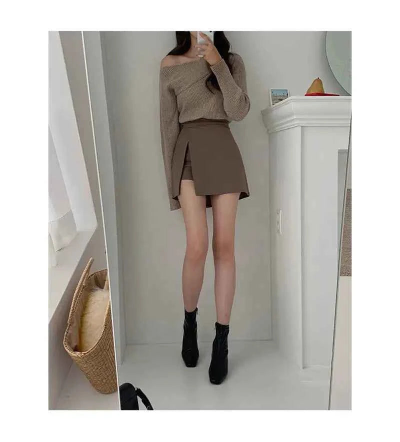 Mini Skirts Women Irregular Solid Side-slit Stretchy Korean Style Trendy Chic OL High Waist Female Bottom Popular Spring Autumn
