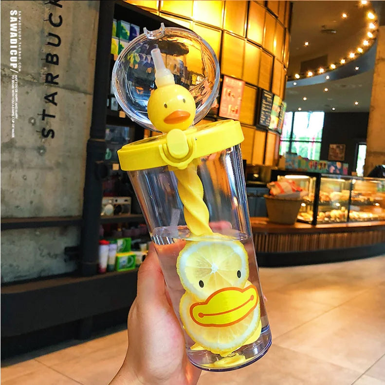 Water Bottle with Straw, Plastic Cartoon Mixing Cup, Creative Animal Design, Cute Cartoon, Girl Heart, Ins Photo Gift