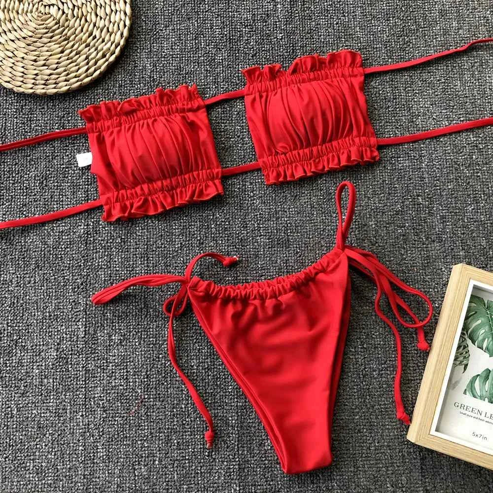 Sexy Bikini 2025 Pleated Bandeau Swimsuit Female Swimwear Women Mini Thong Bikini Set Bather Swimming Beachwear for Bathing Suit