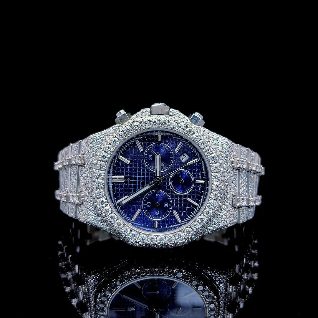 Luxurious Fashion Ronda Mechanical Watch Stainless Steel Band Blue White Diamond Moissanite Pointer Dial-Customizable Colors