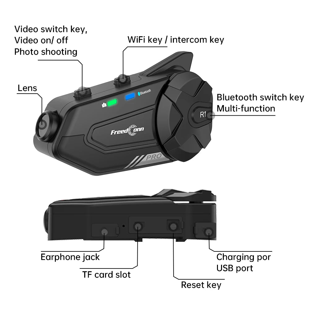 FreedConn R1 PRO for Helmet Camera Intercom 2k 1000M Motorcycle WiFi Rider-to-Rider Communication Noise Cancellation