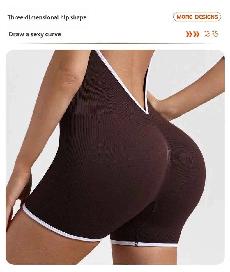 Women Seamless Quick-Drying Cross-Back Design Jumpsuit  Contrasting Color Straps One-Piece Shorts