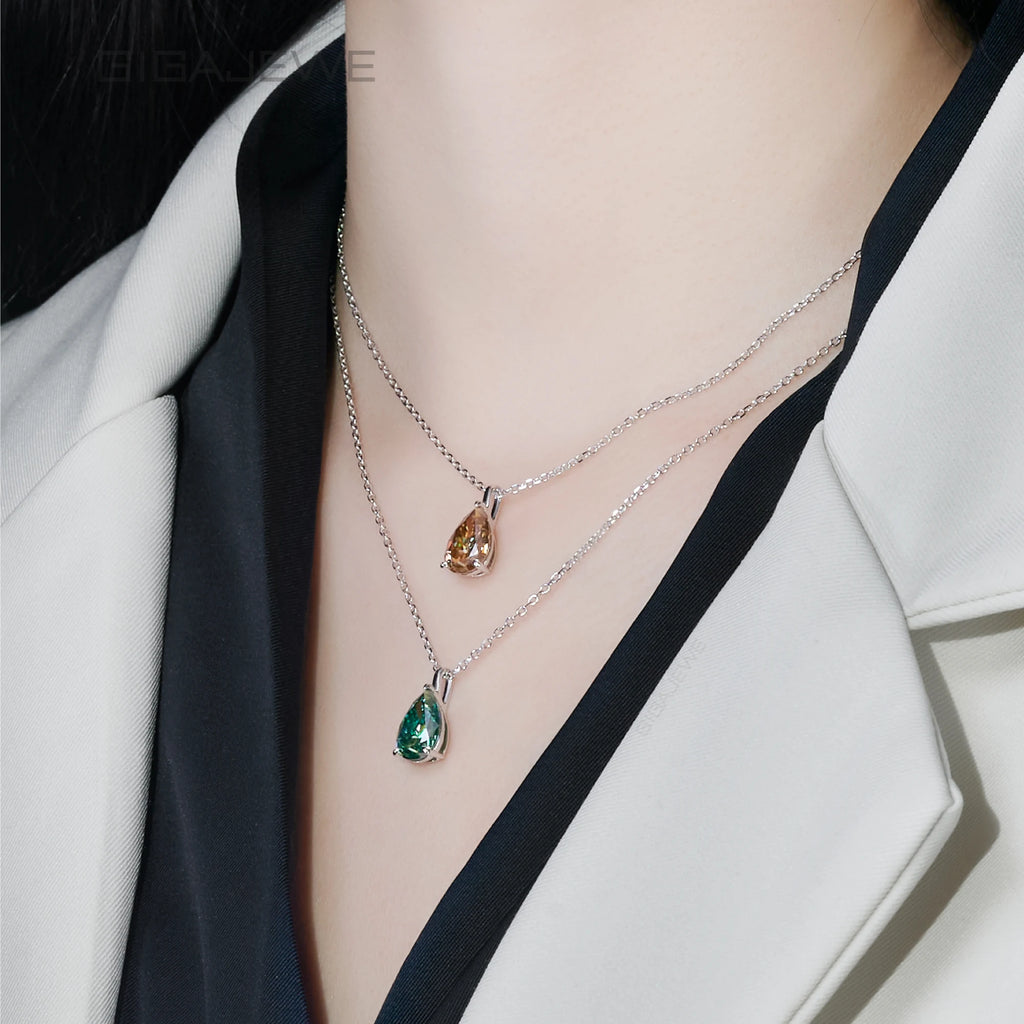 GIGAJEWE 4ct Pear Cut Cyan Blue Brown Moissanite Pendant Necklace 925 Sterling Silver Dainty Pear Solitaire Necklace Jewelry