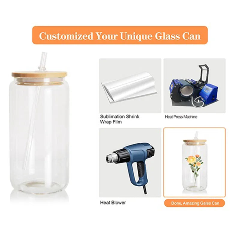 USA Warehouse 16oz 20oz Borosilicate Sublimation clear Frost High Grade Glass Cups Bottle Beer Can With Bamboo Lid and Straws