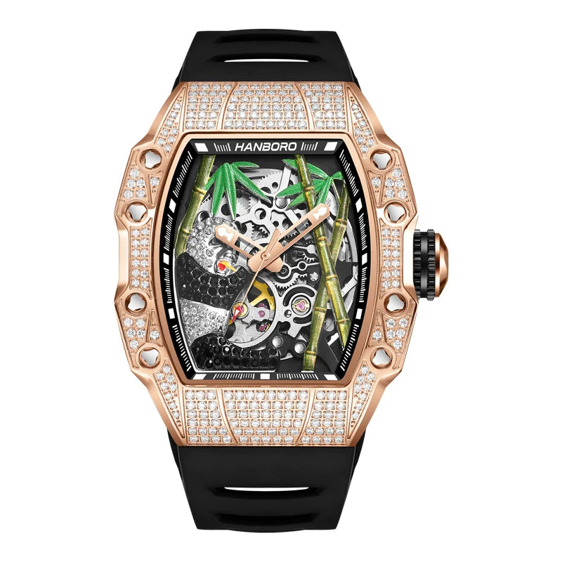 HANBORO Men's Automatic Mechanical Watch National Treasure Series Full Diamond Craftsmanship Fashion Skeleton Luminous Hollow