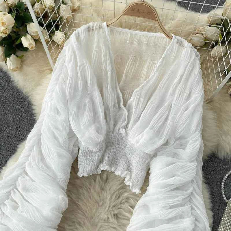 Summer Sexy Draped Chiffon Blouse For Women Elegant V-Neck Puff Long Sleeve Short Tops Female Slim Party Shirts 2022 New Fashion