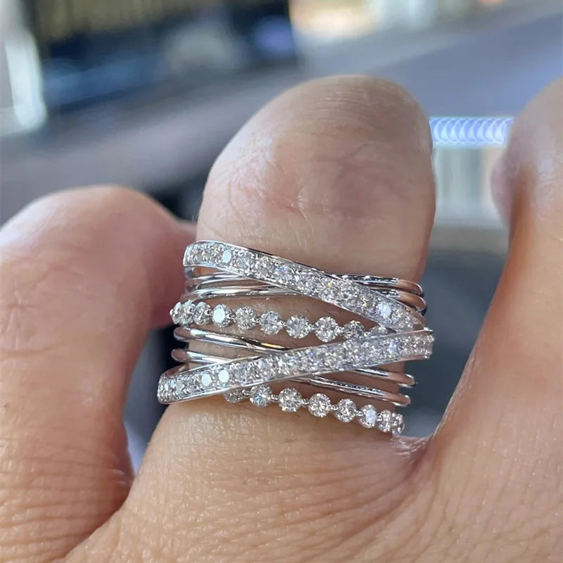 Q345 Women's Diamond Eternity Band Rings Geometric Pave Setting Round Natural Stone Wedding Fashion Rings
