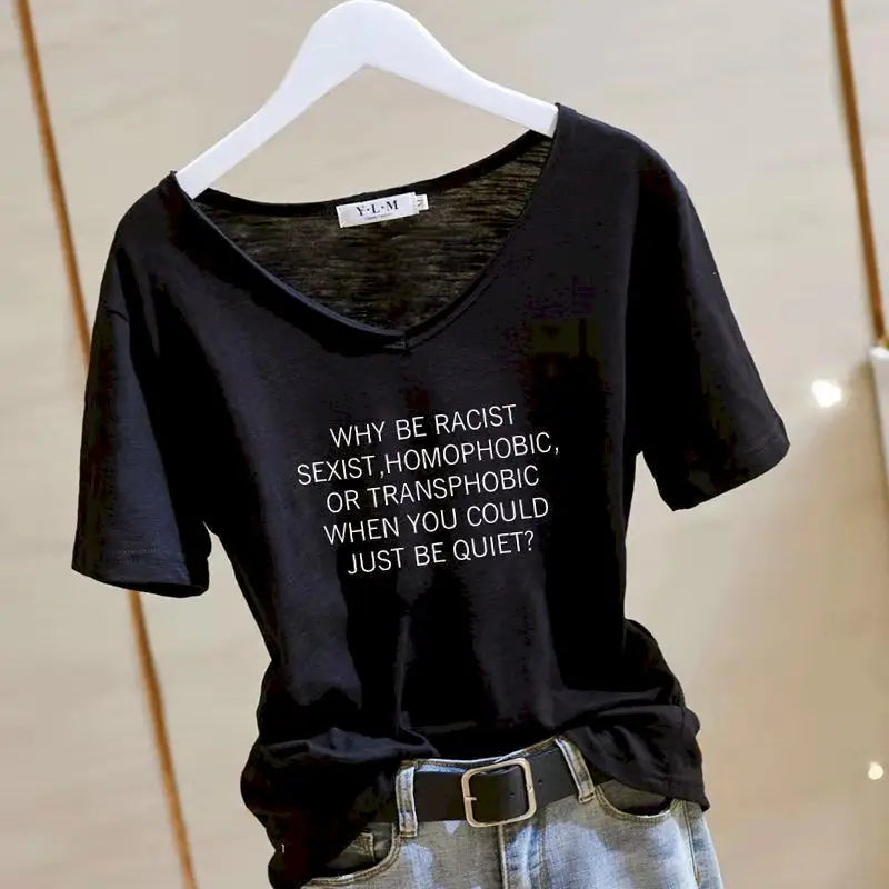 T Shirt Women 2026 New V-neck Loose Top Slub Cotton Letters Wild Short-sleeved Bottoming Shirts Female T Shirt Ins Tide Sexy Top