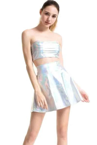 Women Pleated A-Line Skater Skirt Summer Shiny Metallic Holographic Mini Skirt Sexy Club Disco Harajuku Mini Skirt