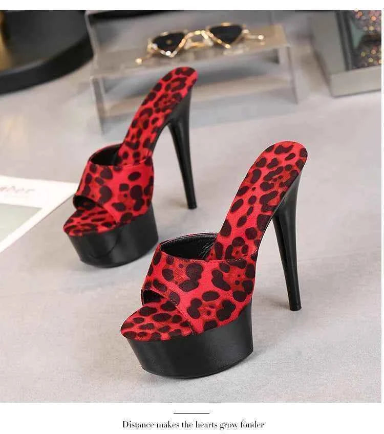Voesnees Summer Slippers Women 2021 High Heels 15cm 17 CM Leopard Print Slip-On Platform Slides Sexy Catwalk Shoes Club Sandals