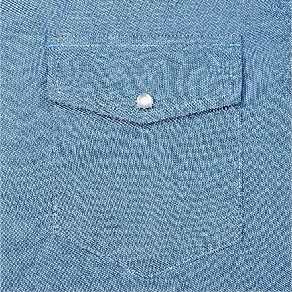Mens Denim Western Cowboy Causal Pearl Snap Button up Long Sleeve Regular Fit Shirts