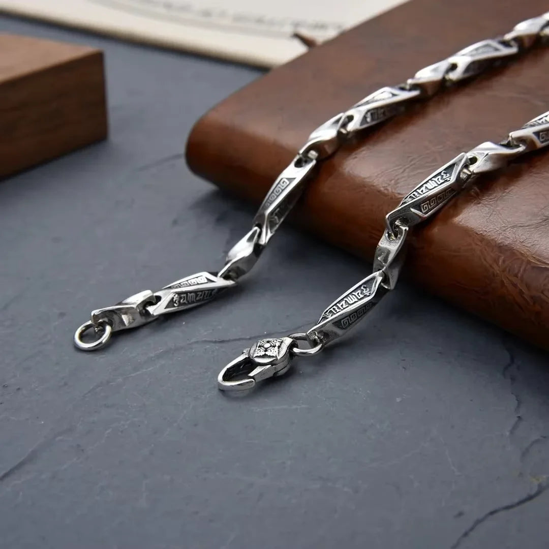 BOCAI S925 Silver Six-Character Mantra Bracelet for Men Retro Irregular Link Chain for Individual Fashion Necklace for Men