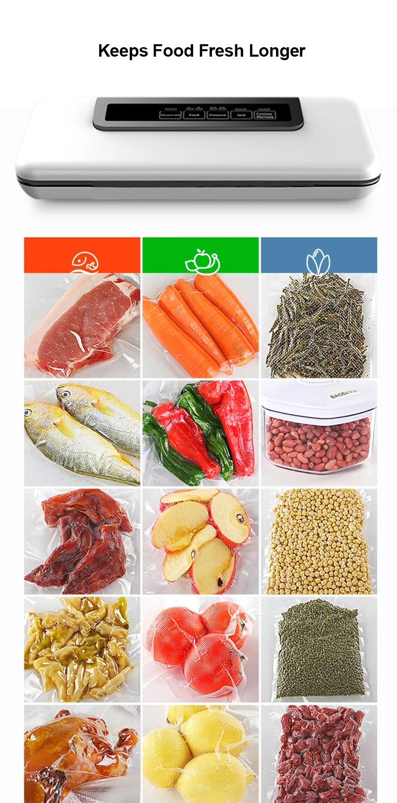 BioloMix Vacuum Sealer, Automatic Food Saver Machine for Food Preservation, Dry & Wet Mode for Sous Vide, 10 Vacuum Sealing Bags