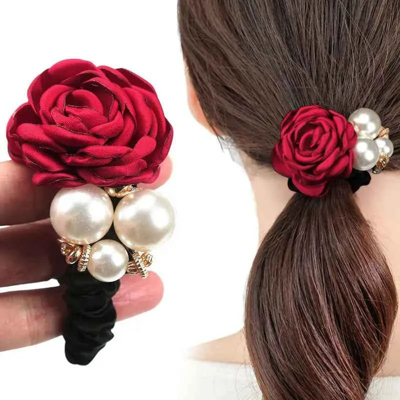 Fashion Women Rose Elastic Scrunchies Hair Bands Big Flower Rhinestones Pearls Flower Hair Rope Rubber Ponytail Hair Accessories