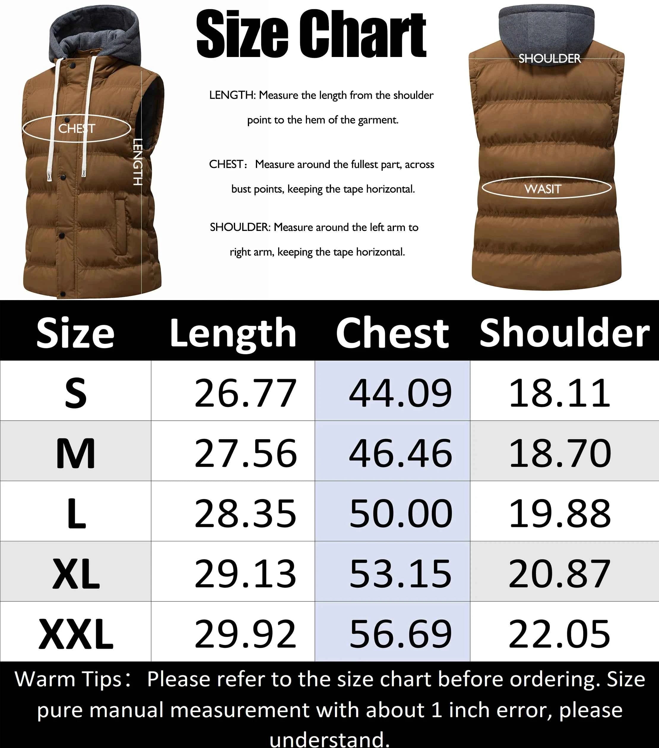 Men's Warm Winter Hooded Vest Padded Puffer Vest