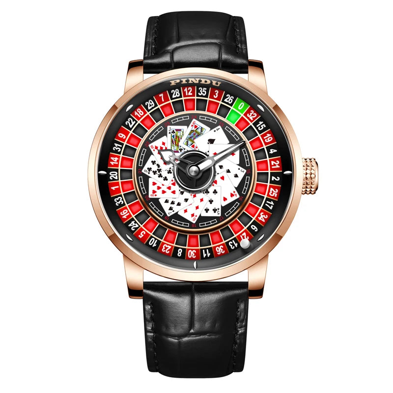 Jacob Player Series Poker Roulette Men's Watch Leather Strap Steel Case Automatic Luminous Mechanical 3ATM Water Analog