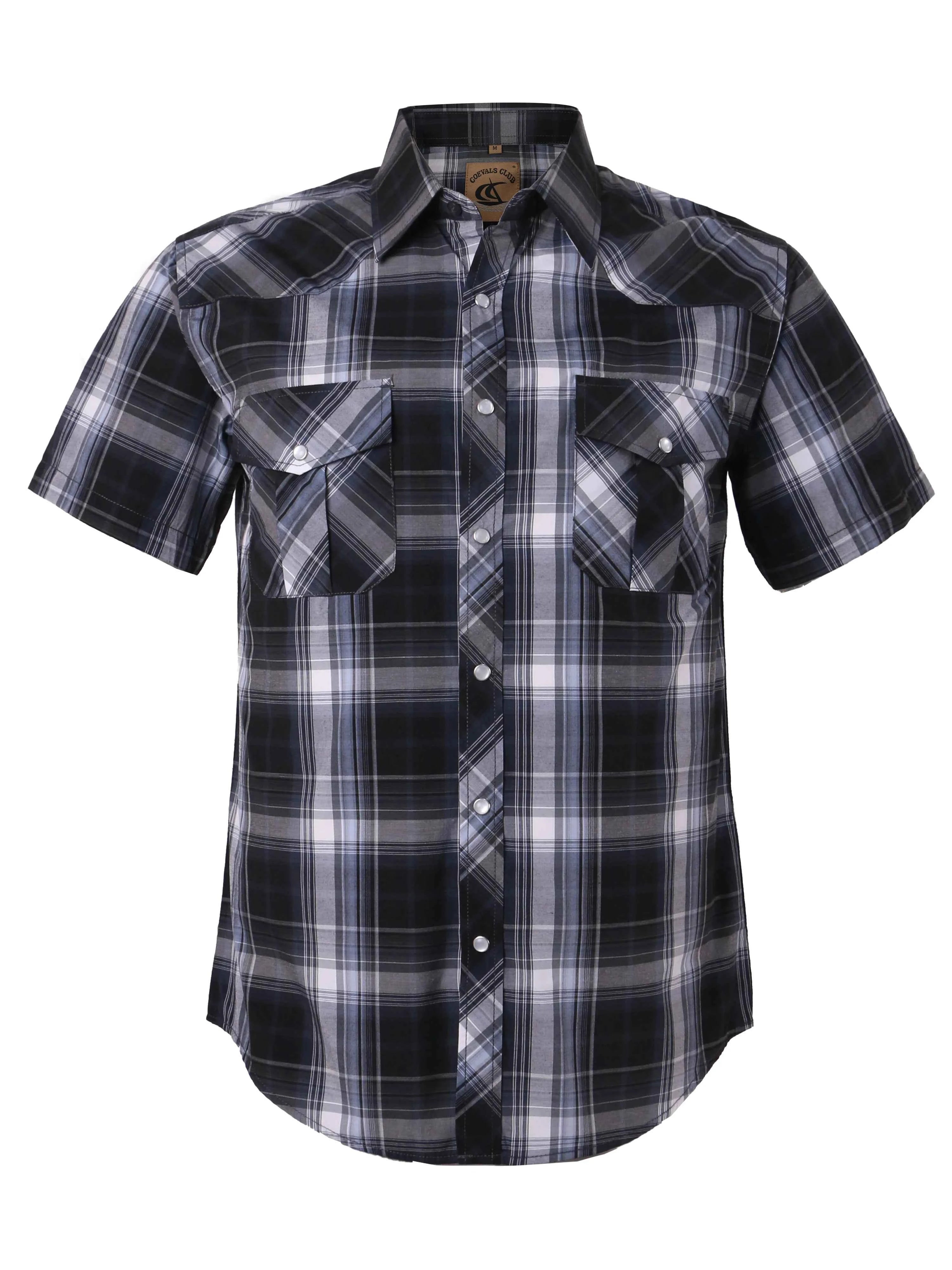 Men Pearl Snap Short Sleeve Western Cowboy Shirt Plaid Pattern with Buttons Two Front Pockets