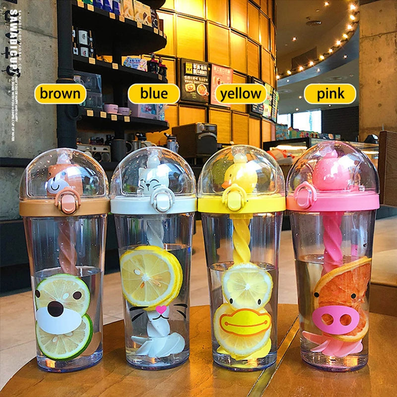 Water Bottle with Straw, Plastic Cartoon Mixing Cup, Creative Animal Design, Cute Cartoon, Girl Heart, Ins Photo Gift