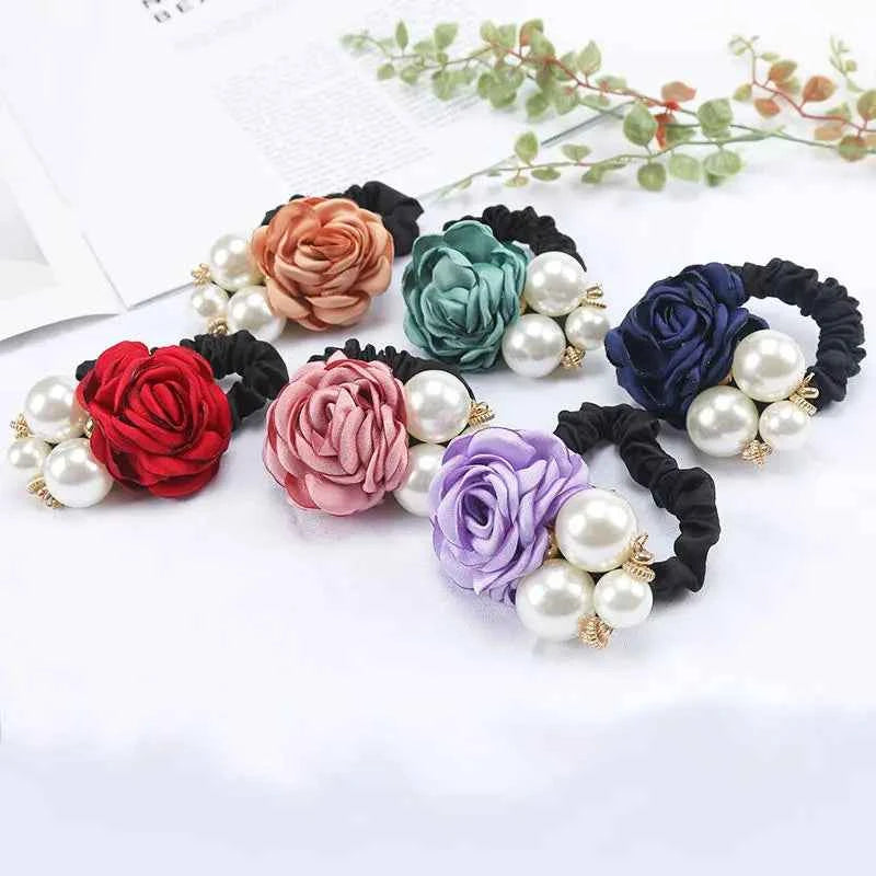 Fashion Women Rose Elastic Scrunchies Hair Bands Big Flower Rhinestones Pearls Flower Hair Rope Rubber Ponytail Hair Accessories